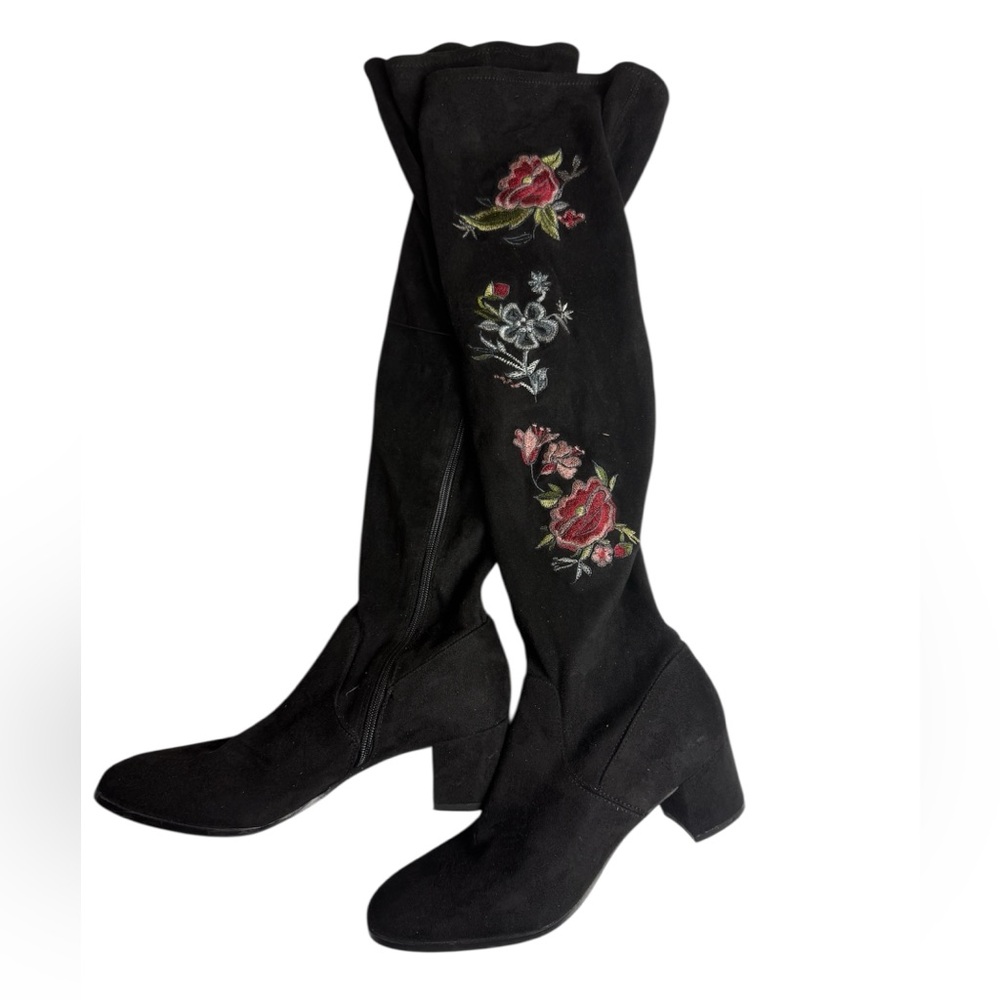 Impo Black Over-the-Knee Boots with Embroidered Floral Accents